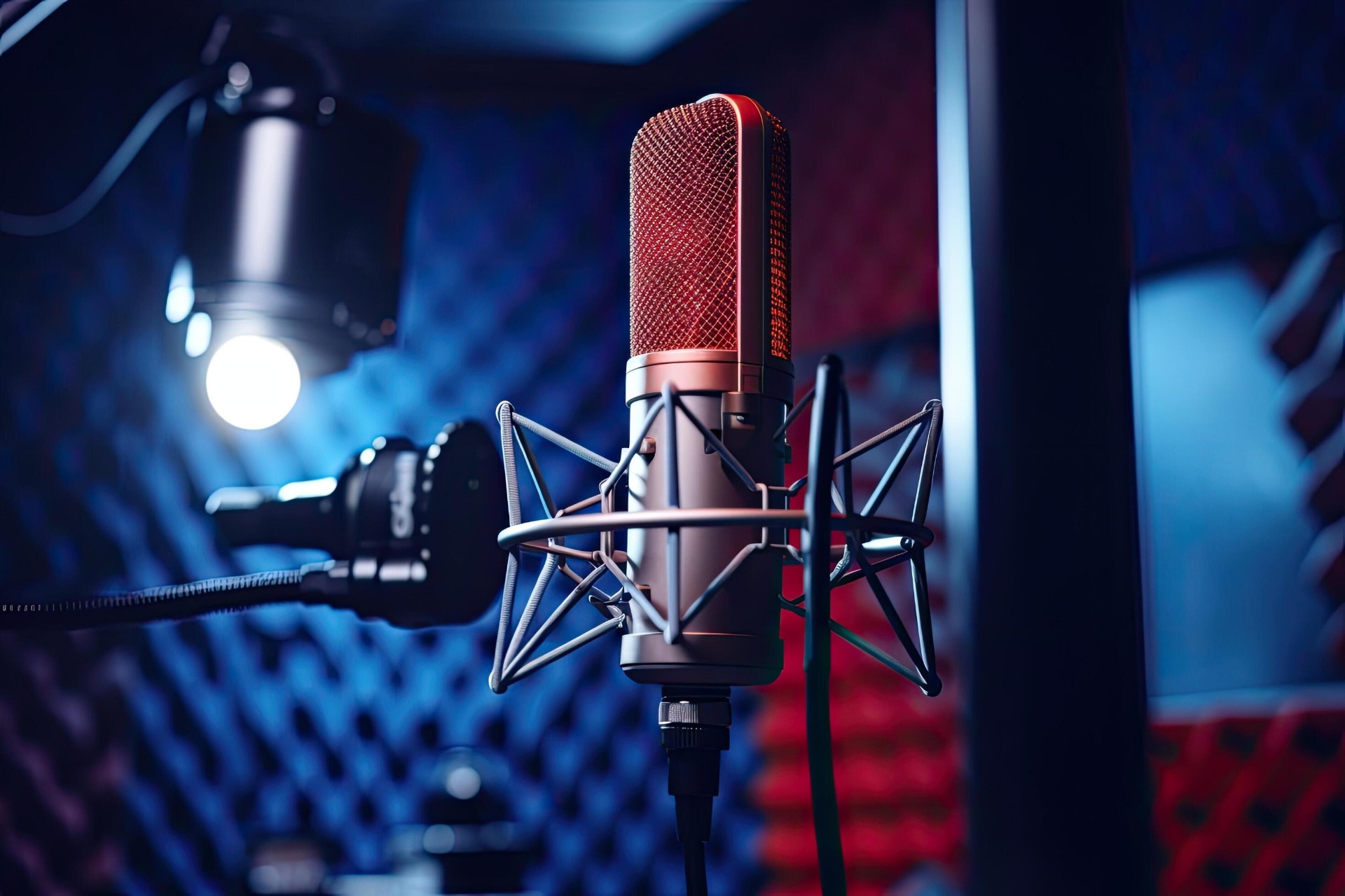 Studio condenser microphone in warm lighting